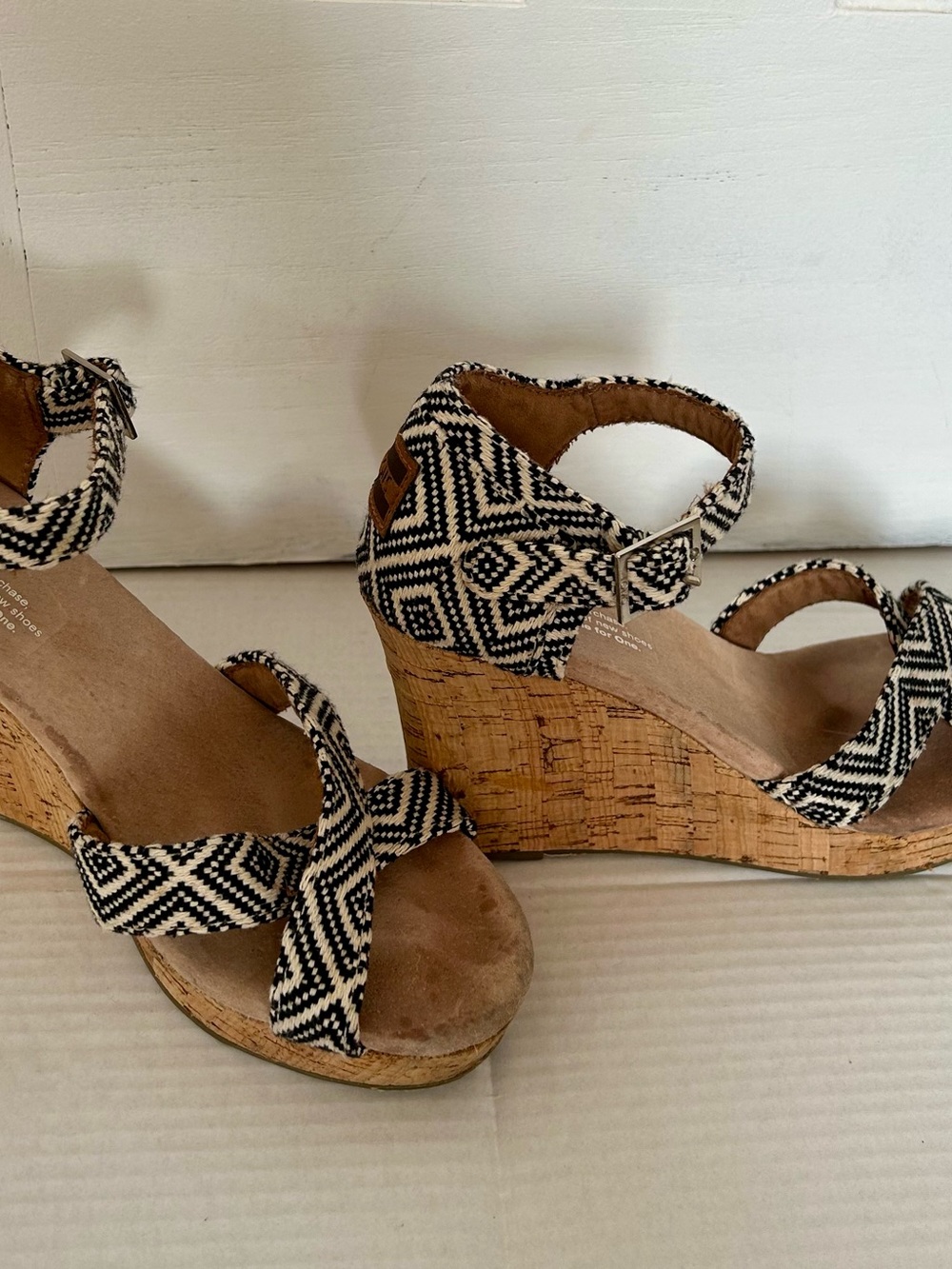 Toms Black & White Woven Cork Wedge Sandals